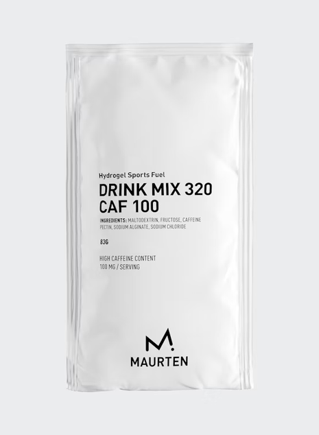 Drink Mix 320 Caf 100 by Maurten in white packaging, high caffeine sports fuel with carbs and hydration for running in Canada