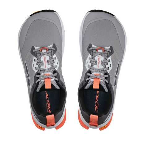 Pair of Altra Lone Peak 9+ women's trail running shoes in GRAY/ORANGE, top-down view of grey uppers and orange heels