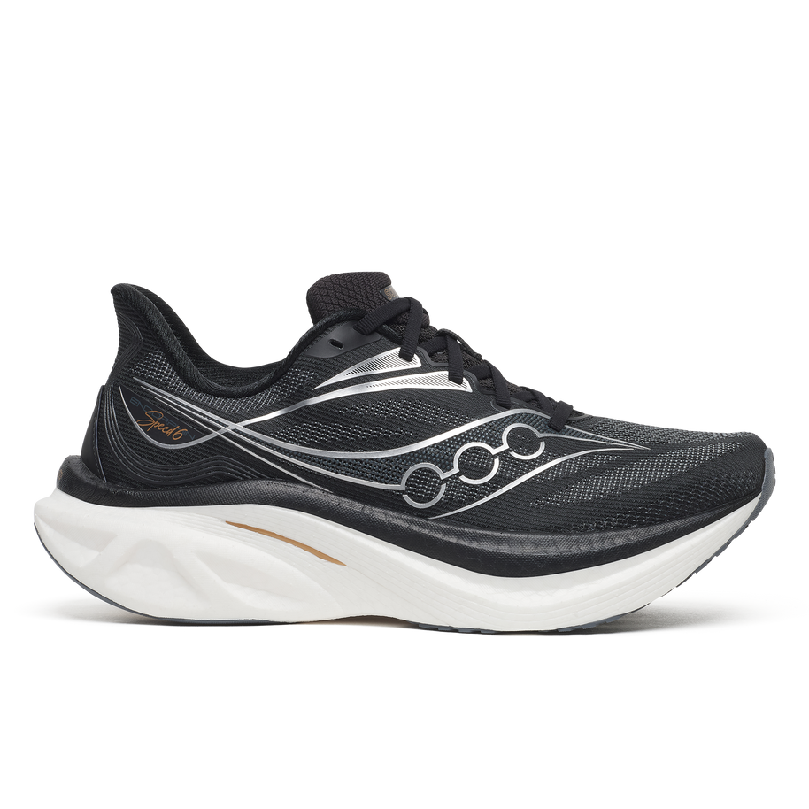 Saucony Endorphin Speed 6 Wide men's road running shoe in Black/White, side view with white midsole