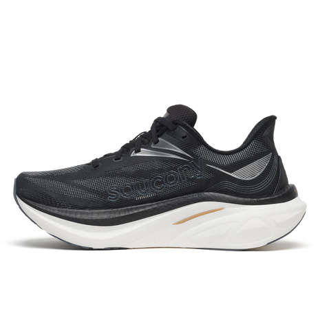 Saucony Endorphin Speed 6 Wide men's road running shoe in Black/White, inner side view with Saucony logo
