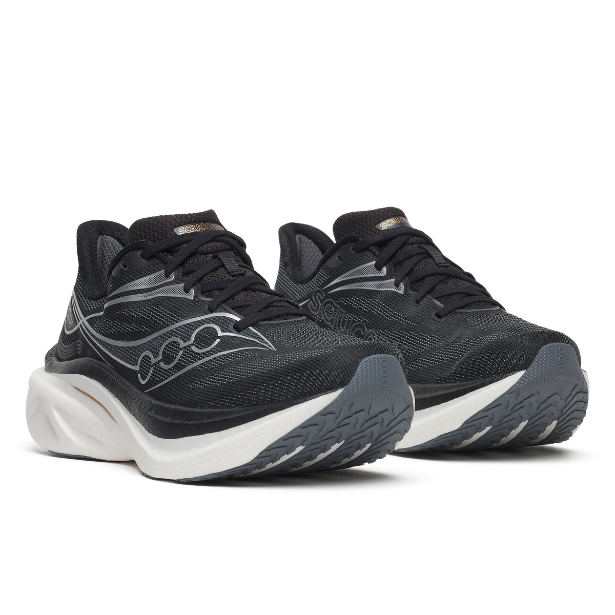 Pair of Saucony Endorphin Speed 6 Wide men's running shoes in Black/White, front three-quarter view