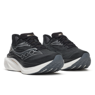 Pair of Saucony Endorphin Speed 6 Wide men's running shoes in Black/White, front three-quarter view