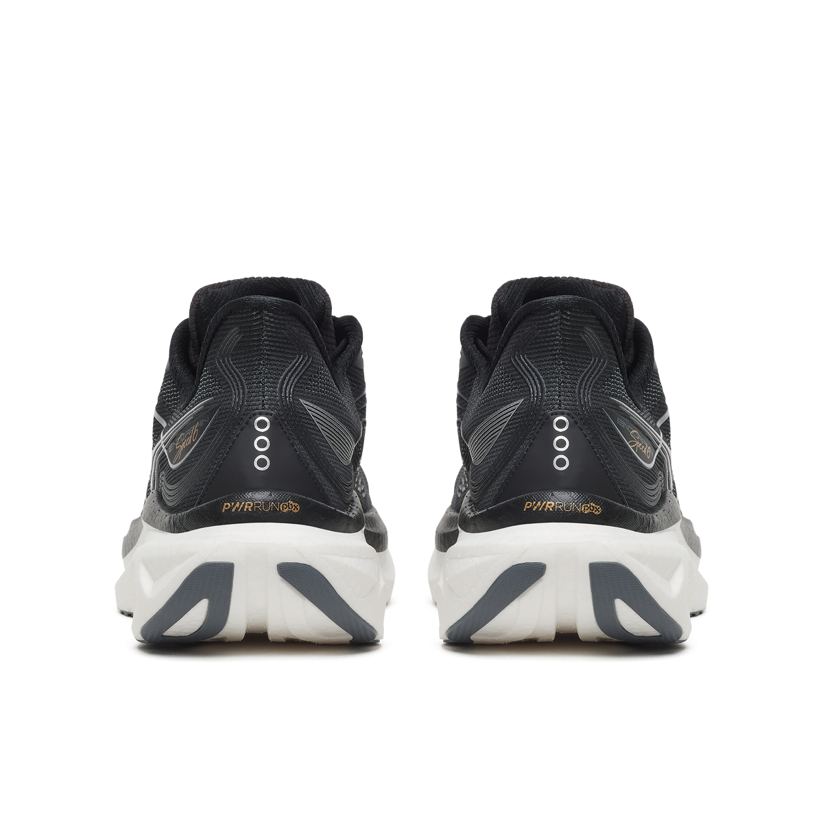 Back heel view of a pair of Saucony Endorphin Speed 6 Wide men's shoes in Black/White