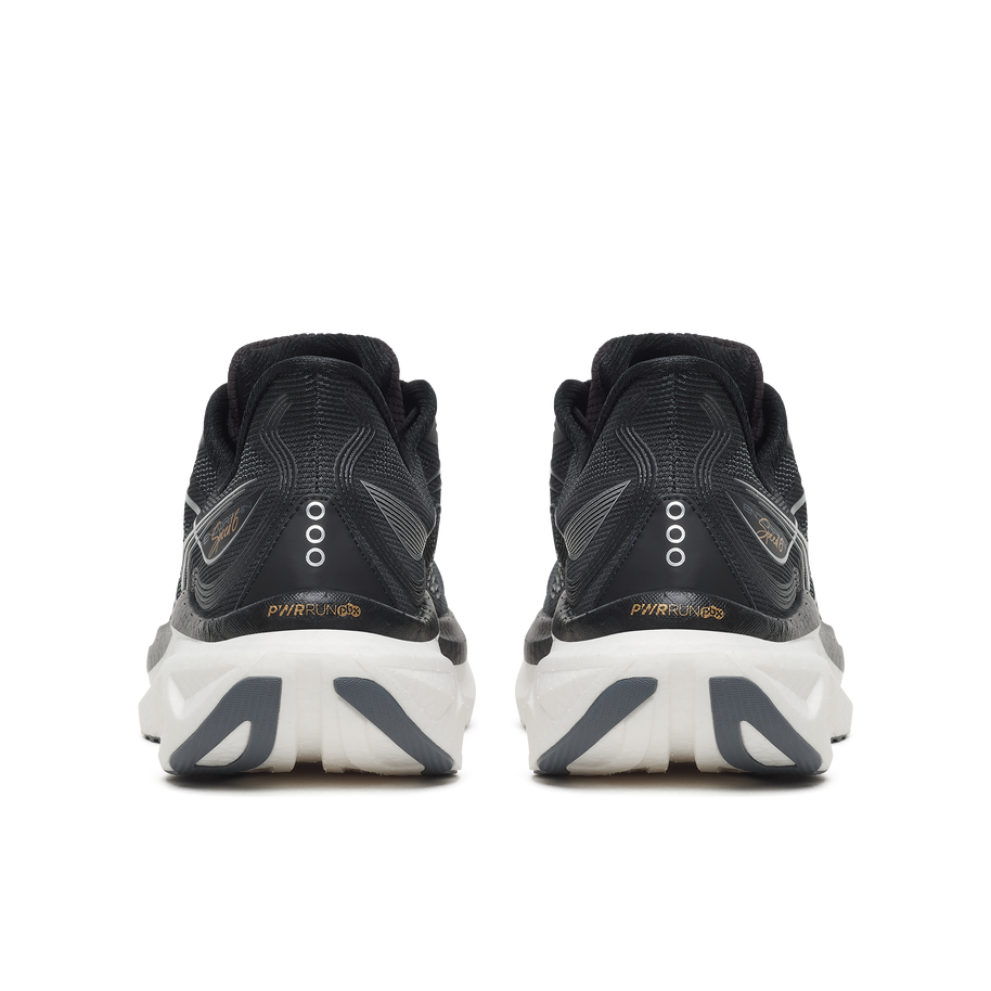 Back heel view of a pair of Saucony Endorphin Speed 6 Wide men's shoes in Black/White