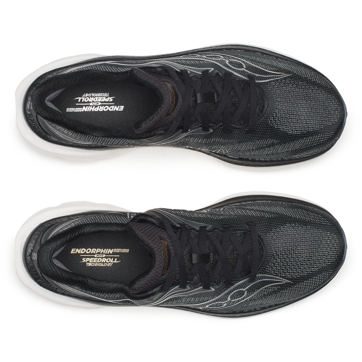 Top-down view of a pair of Saucony Endorphin Speed 6 Wide men's shoes in Black/White with black laces