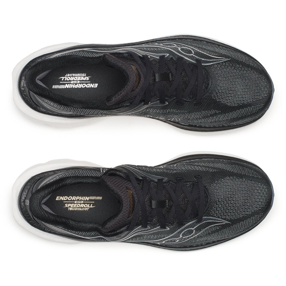 Top-down view of a pair of Saucony Endorphin Speed 6 Wide men's shoes in Black/White with black laces