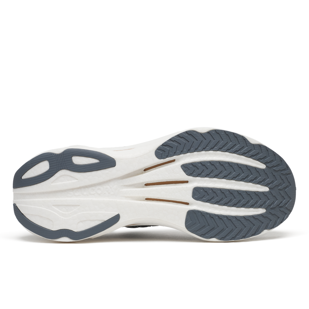 Outsole of the Saucony Endorphin Speed 6 Wide men's shoe in Black/White, white foam with grey rubber pads