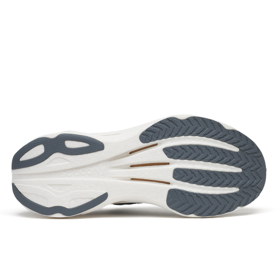 Outsole of the Saucony Endorphin Speed 6 Wide men's shoe in Black/White, white foam with grey rubber pads