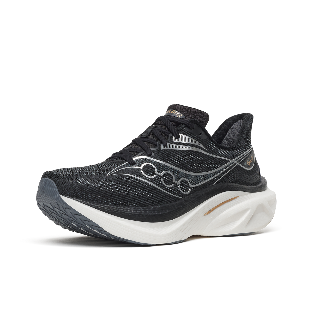 Saucony Endorphin Speed 6 Wide men's running shoe in Black/White, front three-quarter view of black upper