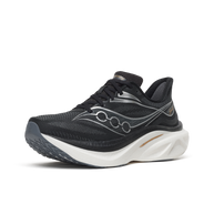 Saucony Endorphin Speed 6 Wide men's running shoe in Black/White, front three-quarter view of black upper