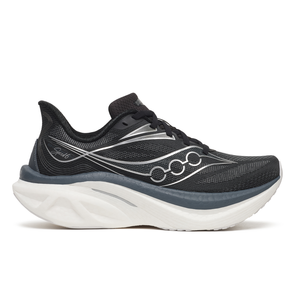 Saucony Endorphin Speed 6 Wide women's road running shoe in Black/White, side view with grey and white midsole
