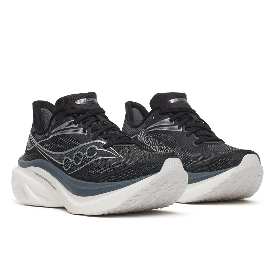 Pair of Saucony Endorphin Speed 6 Wide women's running shoes in Black/White, front three-quarter view
