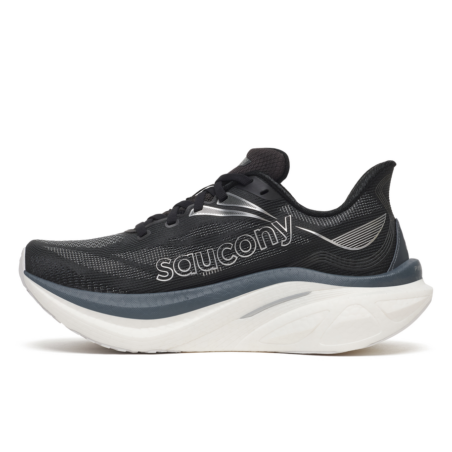 Saucony Endorphin Speed 6 Wide women's road running shoe in Black/White, inner side with silver Saucony logo