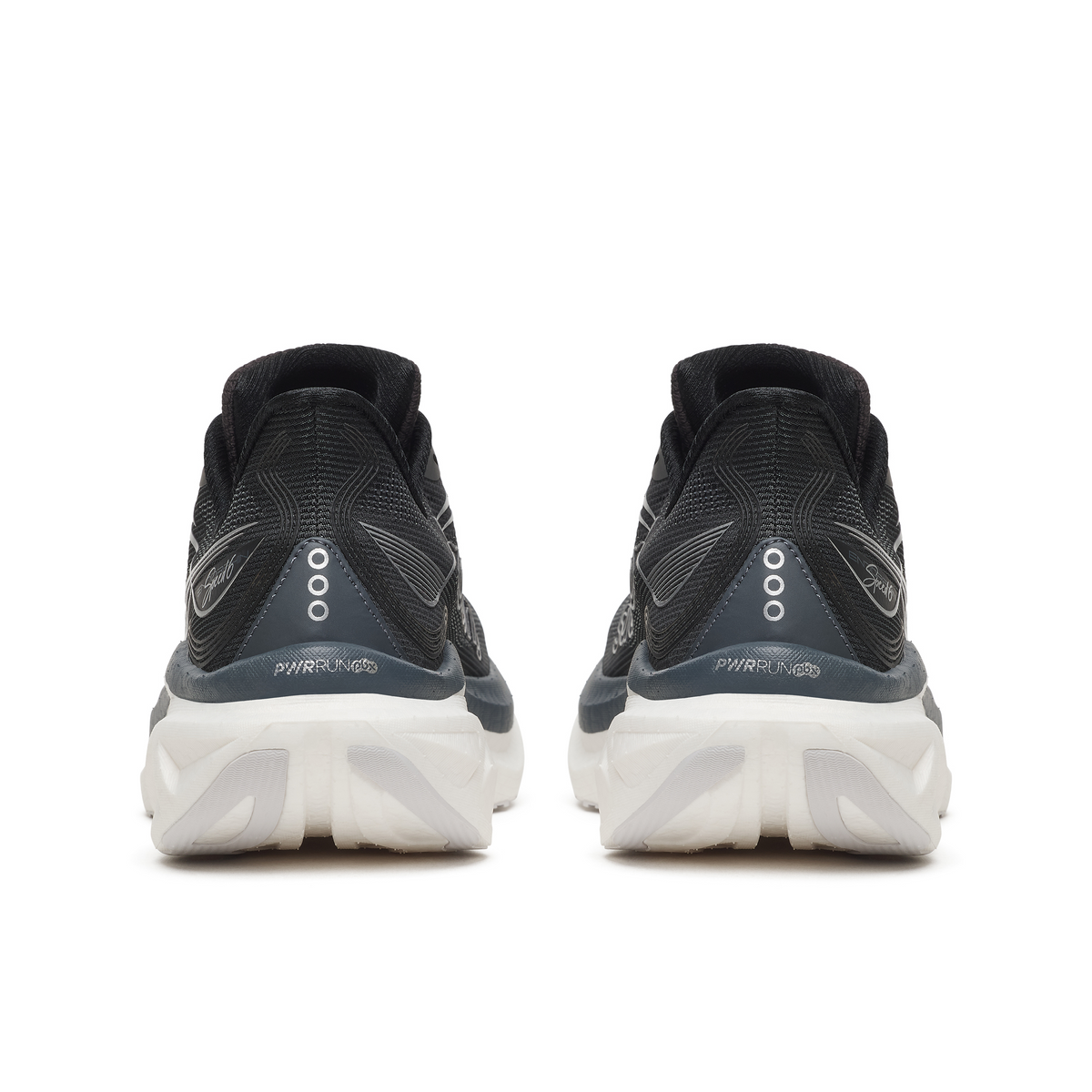 Back heel view of a pair of Saucony Endorphin Speed 6 Wide women's shoes in Black/White