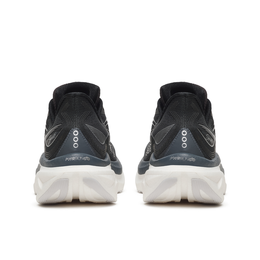 Back heel view of a pair of Saucony Endorphin Speed 6 Wide women's shoes in Black/White