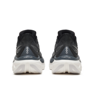 Back heel view of a pair of Saucony Endorphin Speed 6 Wide women's shoes in Black/White