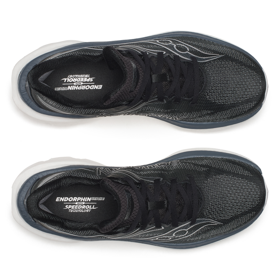Top-down view of a pair of Saucony Endorphin Speed 6 Wide women's shoes in Black/White
