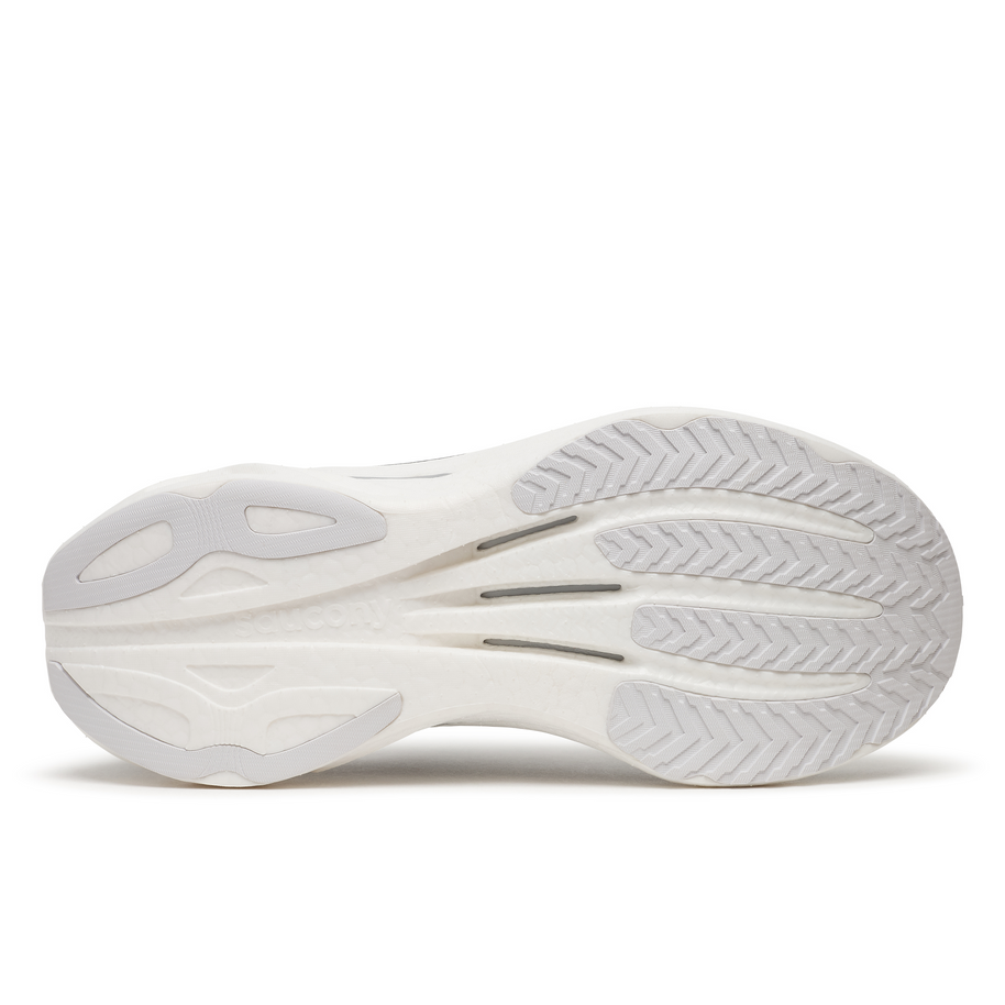 Outsole of the Saucony Endorphin Speed 6 Wide women's shoe in Black/White, all-white foam and rubber