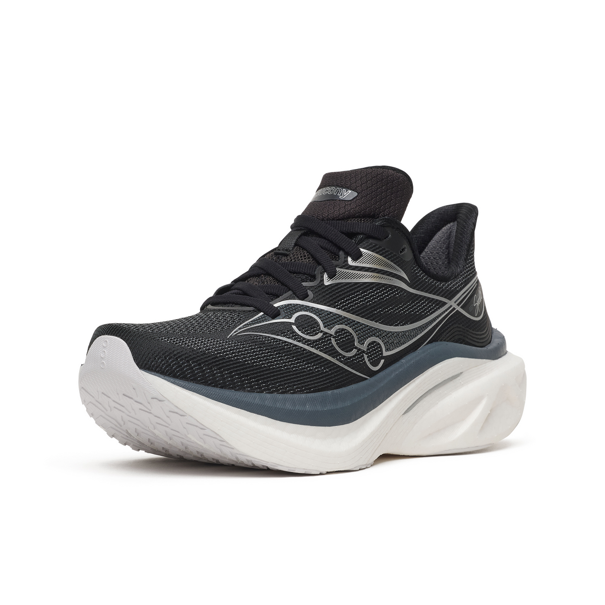 Saucony Endorphin Speed 6 Wide women's running shoe in Black/White, front three-quarter view with black laces