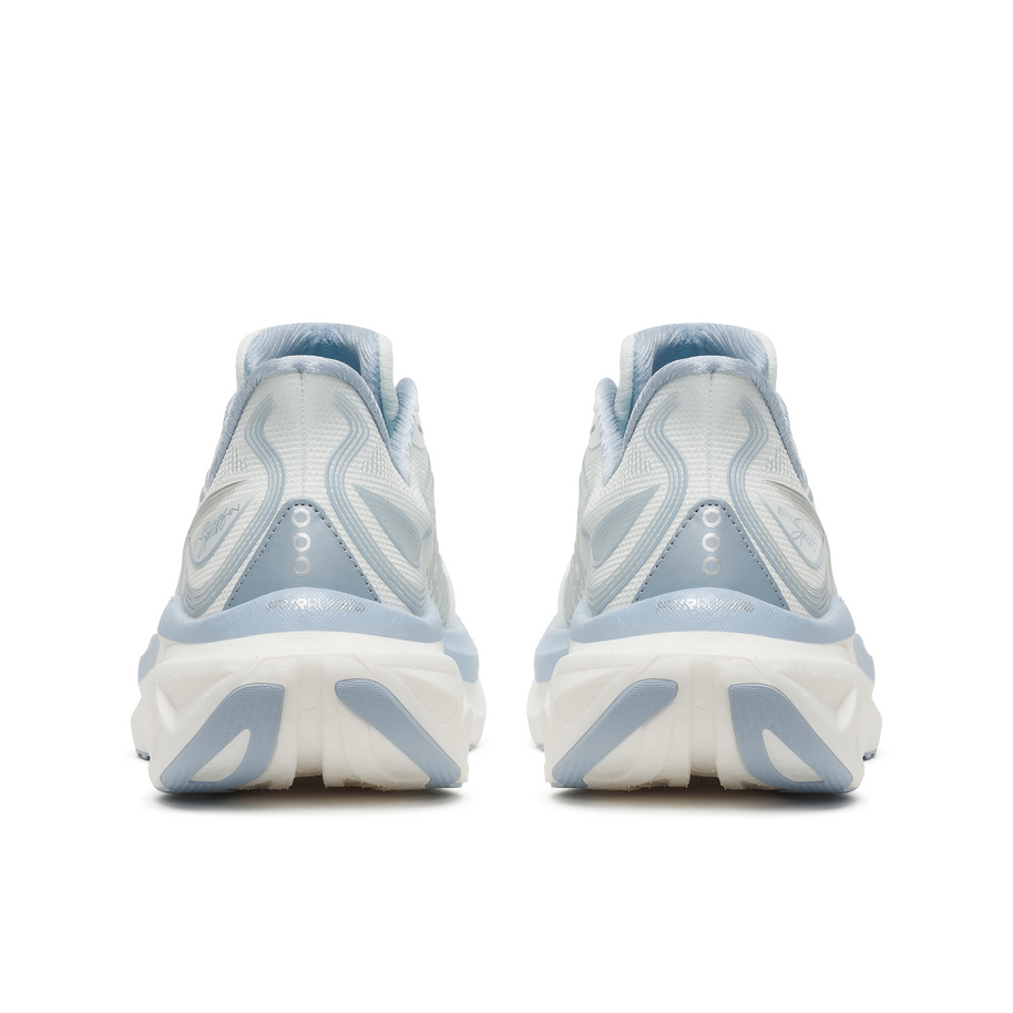 Back heel view of a pair of Saucony Endorphin Speed 6 women's shoes in Hue/Celestial