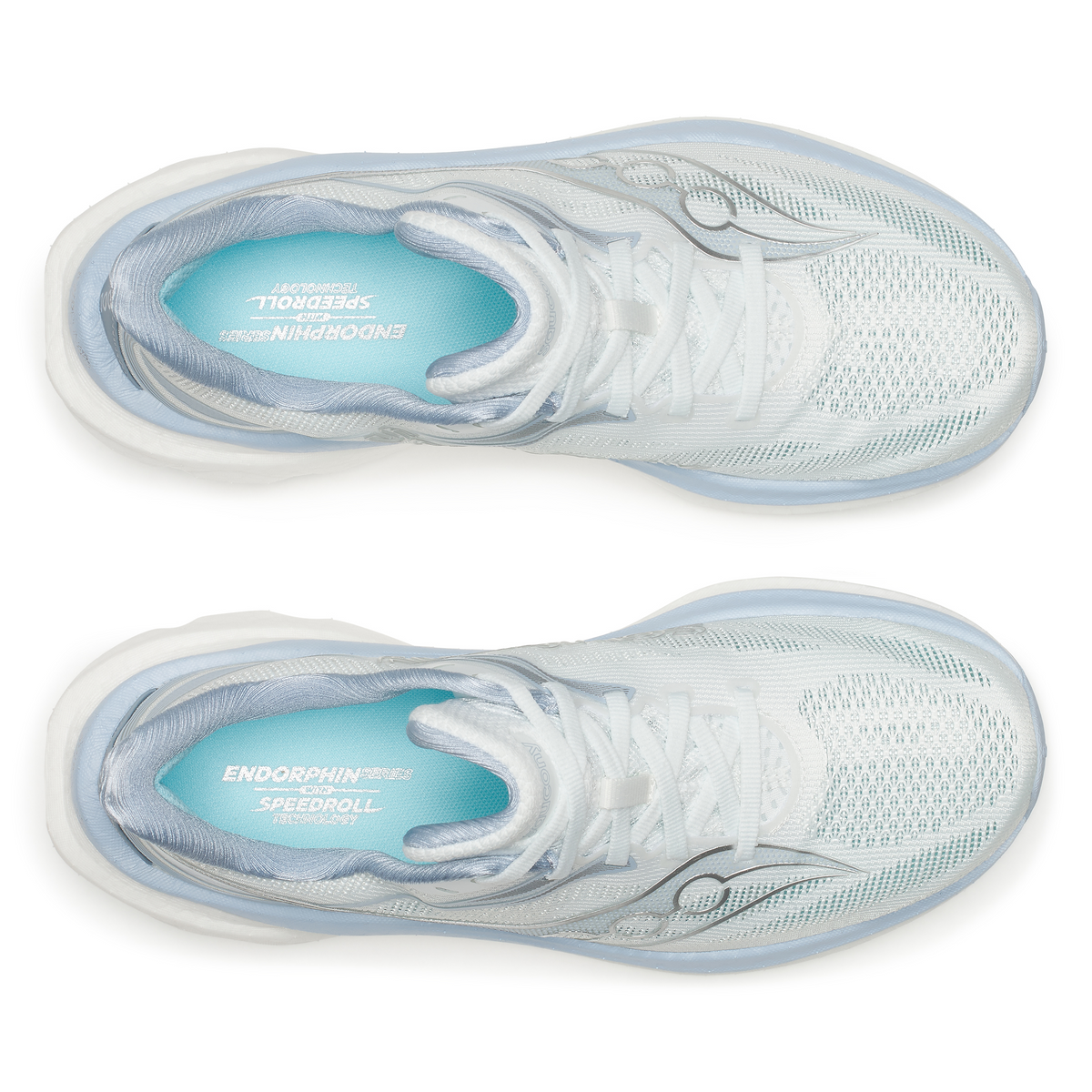 Top-down view of a pair of Saucony Endorphin Speed 6 women's shoes in Hue/Celestial with aqua insoles