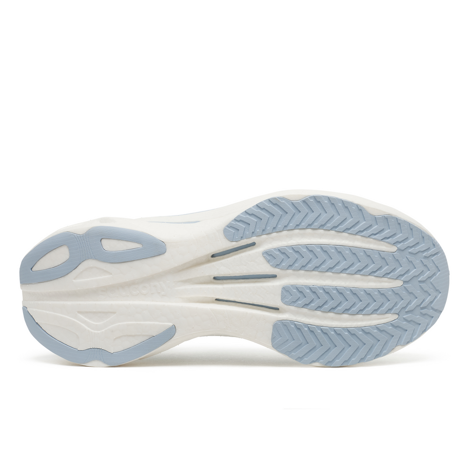 Outsole of the Saucony Endorphin Speed 6 women's shoe in Hue/Celestial, white foam with light blue rubber