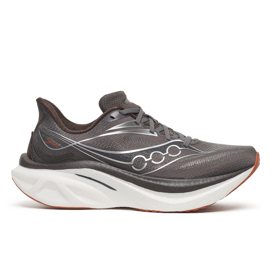 Saucony Endorphin Speed 6 men's road running shoe in Gull/Cocoa, side view of dark grey upper and white midsole