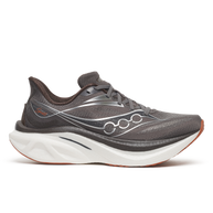 Saucony Endorphin Speed 6 men's road running shoe in Gull/Cocoa, side view of dark grey upper and white midsole