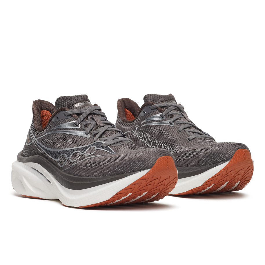 Pair of Saucony Endorphin Speed 6 men's running shoes in Gull/Cocoa, front three-quarter view