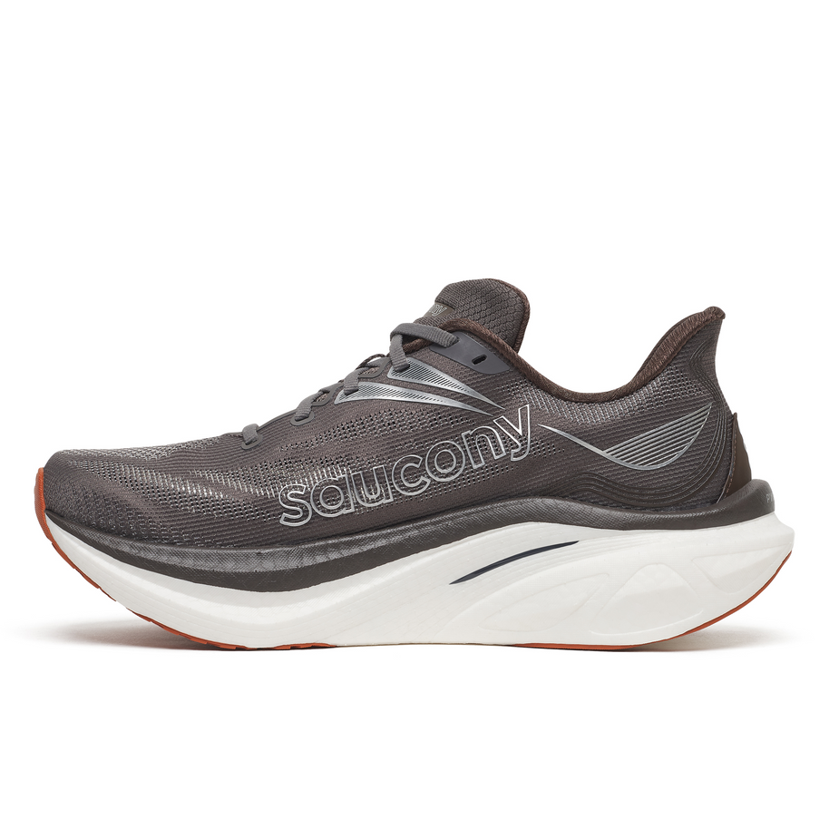 Saucony Endorphin Speed 6 men's road running shoe in Gull/Cocoa, inner side view with Saucony logo