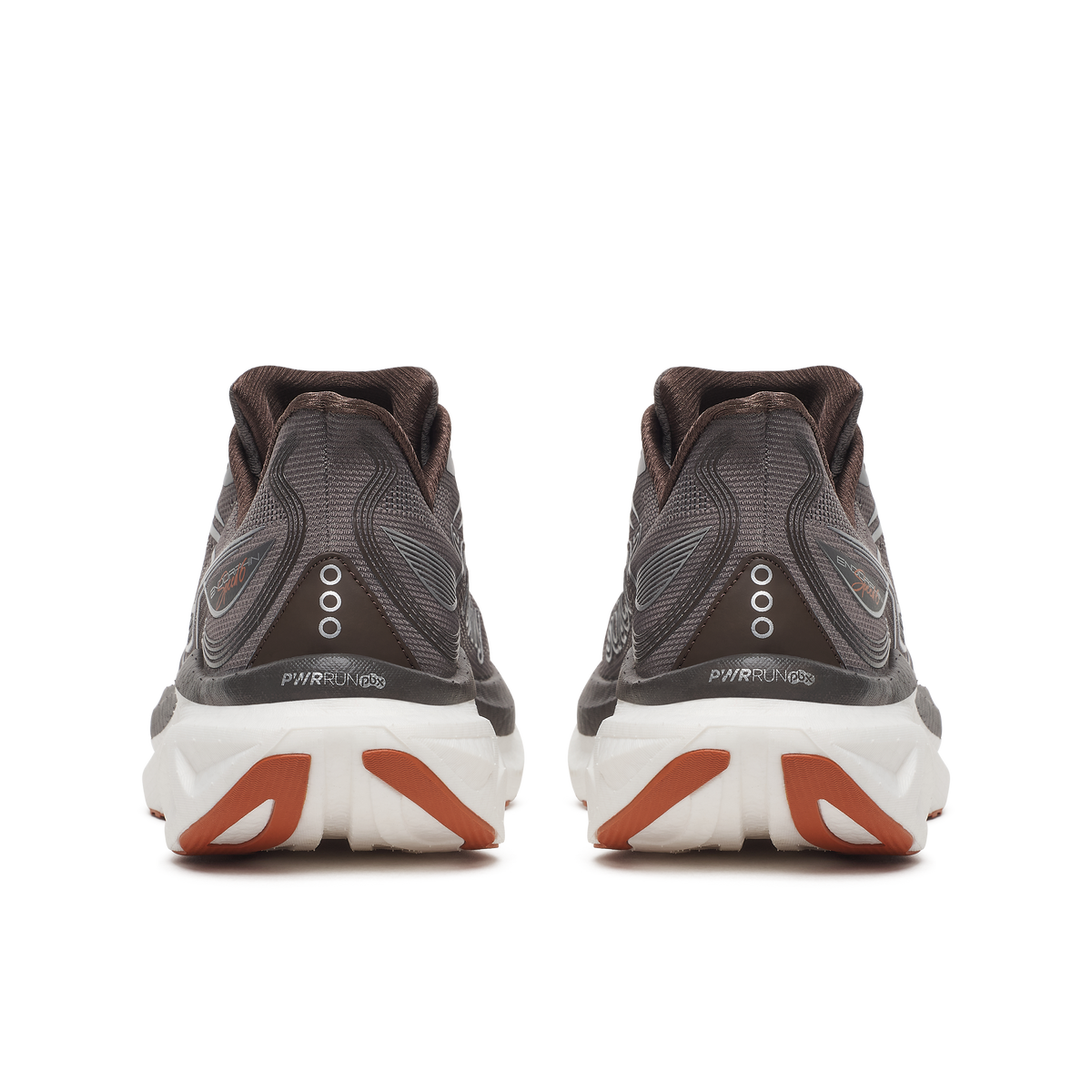 Back heel view of a pair of Saucony Endorphin Speed 6 men's shoes in Gull/Cocoa