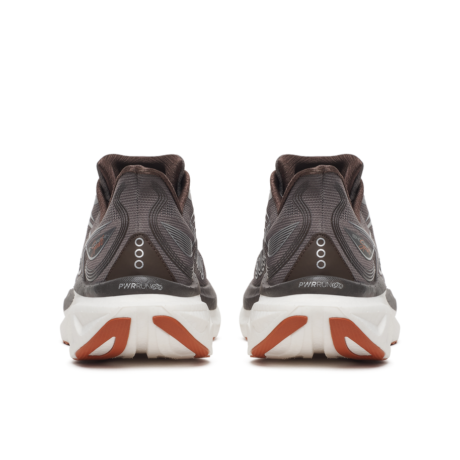 Back heel view of a pair of Saucony Endorphin Speed 6 men's shoes in Gull/Cocoa