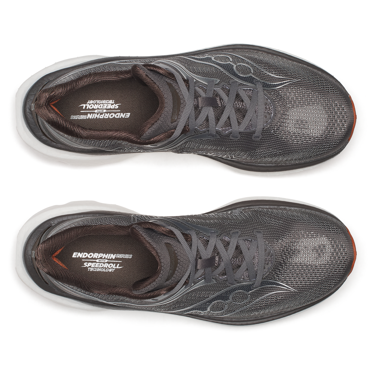 Top-down view of a pair of Saucony Endorphin Speed 6 men's shoes in Gull/Cocoa with grey laces