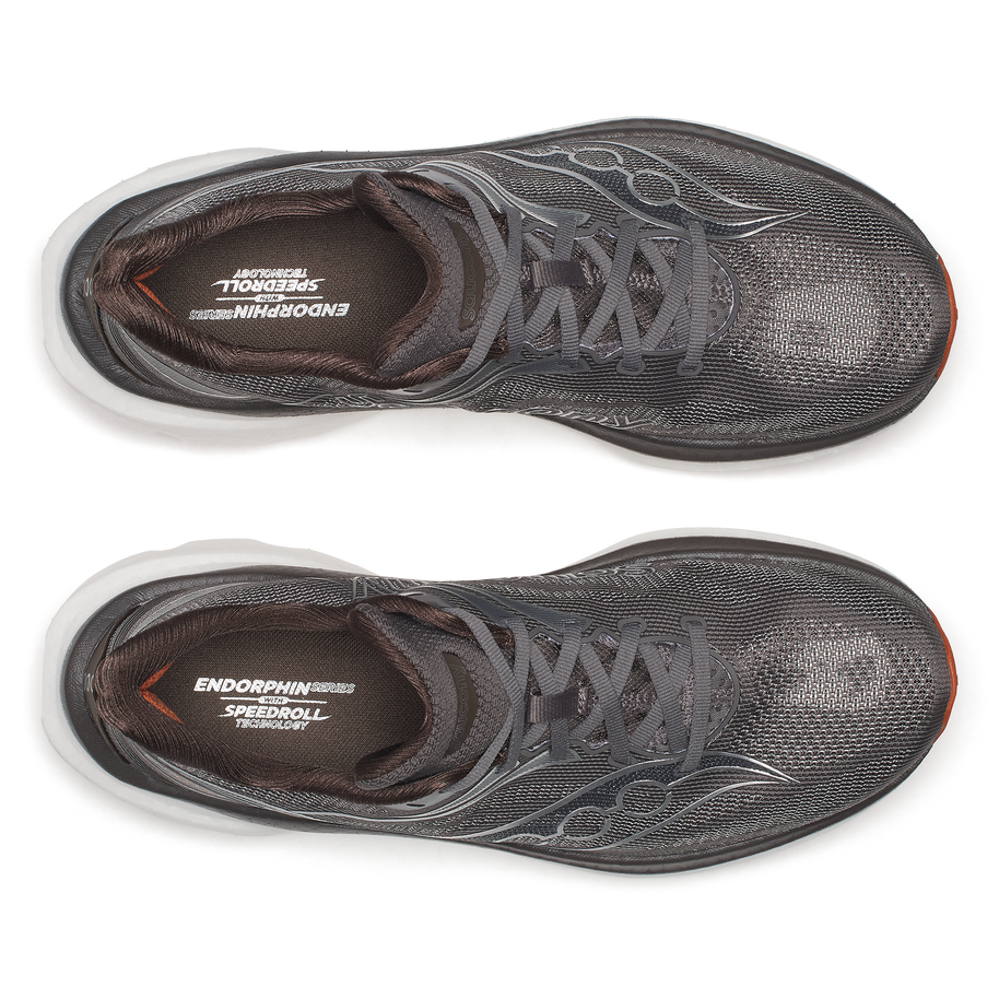 Top-down view of a pair of Saucony Endorphin Speed 6 men's shoes in Gull/Cocoa with grey laces
