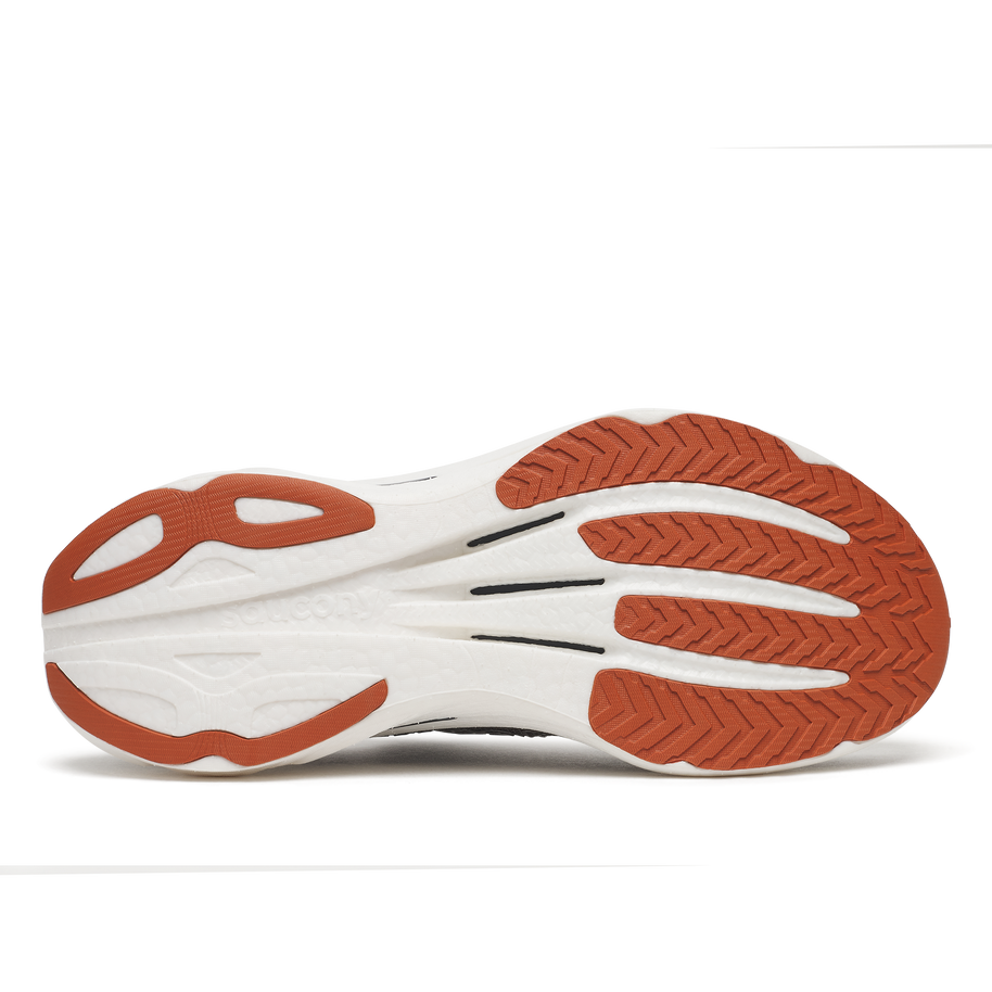 Outsole of the Saucony Endorphin Speed 6 men's shoe in Gull/Cocoa, white foam with rust-brown rubber