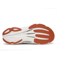Outsole of the Saucony Endorphin Speed 6 men's shoe in Gull/Cocoa, white foam with rust-brown rubber