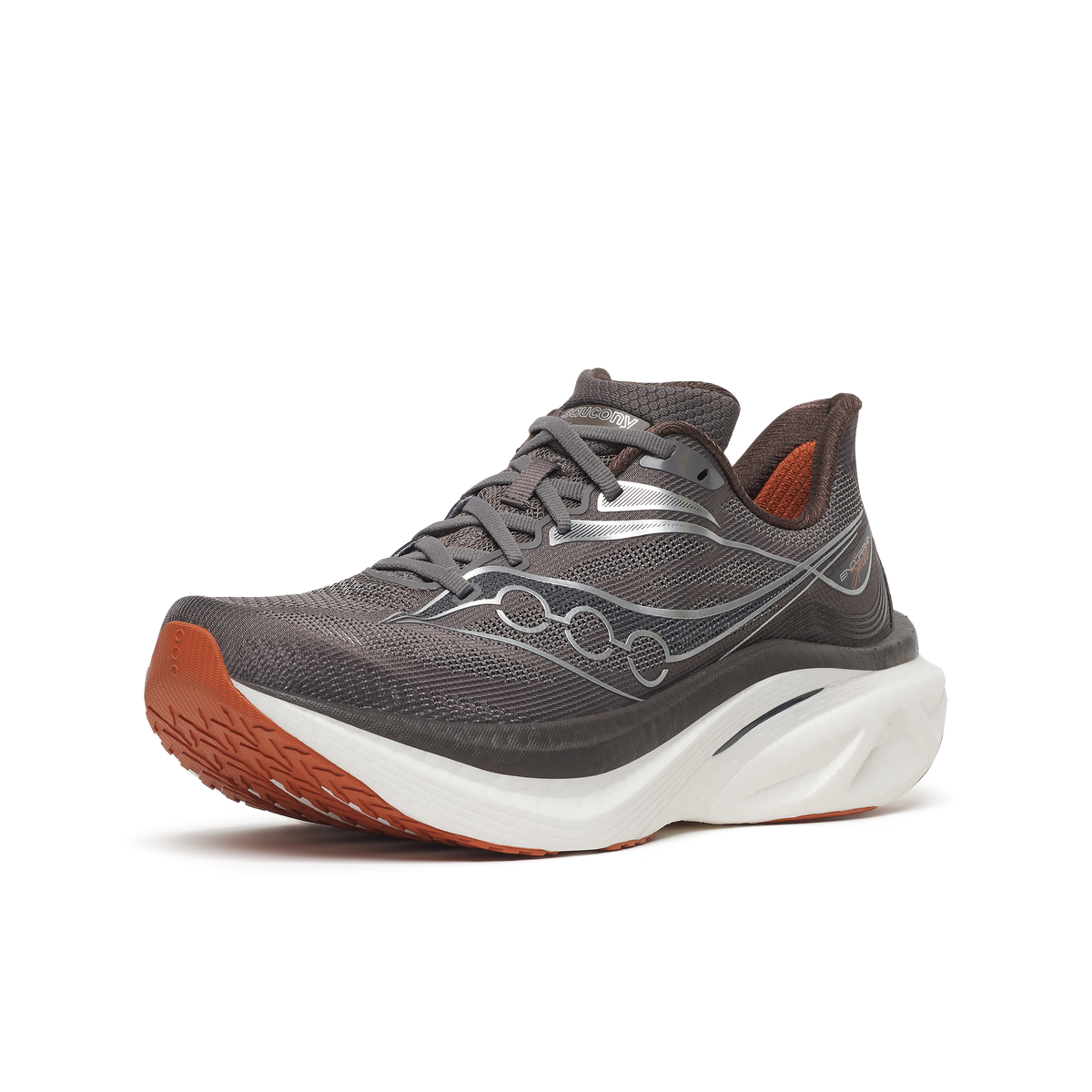Saucony Endorphin Speed 6 men's running shoe in Gull/Cocoa, front three-quarter view with rust outsole