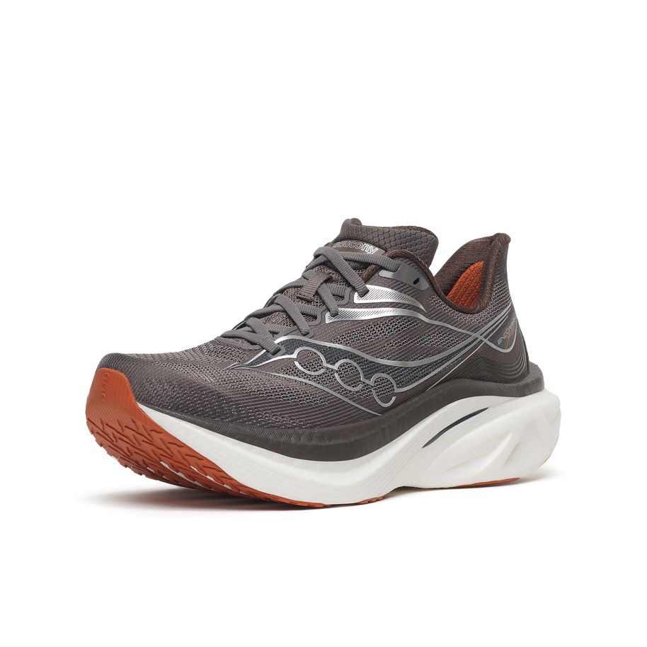 Saucony Endorphin Speed 6 men's running shoe in Gull/Cocoa, front three-quarter view with rust outsole