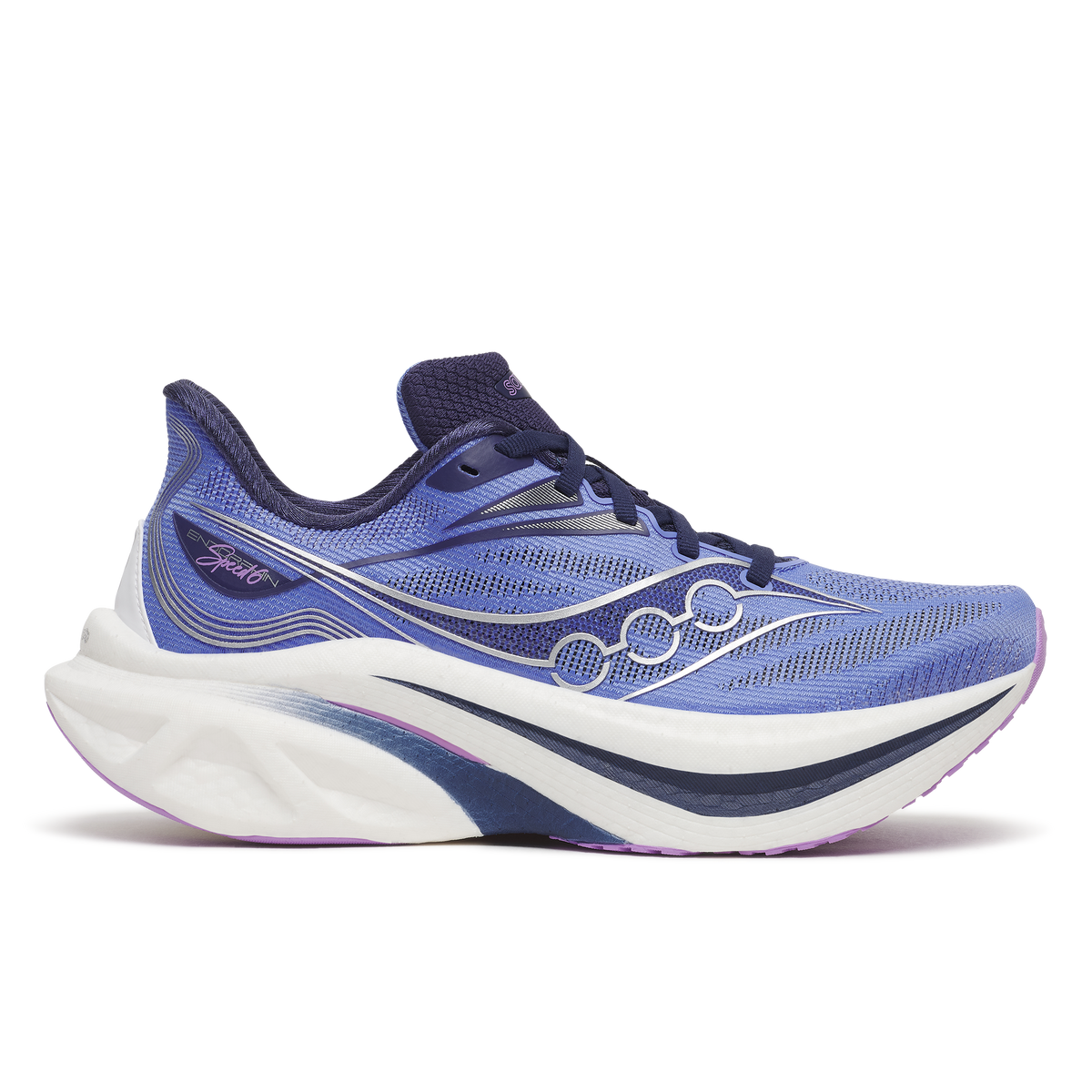 Saucony Endorphin Speed 6 women's running shoe in Vinca/Naval, side view of periwinkle upper and navy accents