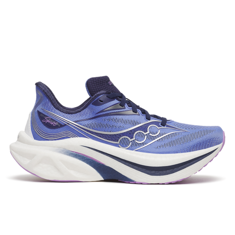Saucony Endorphin Speed 6 women's running shoe in Vinca/Naval, side view of periwinkle upper and navy accents