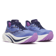 Pair of Saucony Endorphin Speed 6 women's shoes in Vinca/Naval, front three-quarter view with navy laces