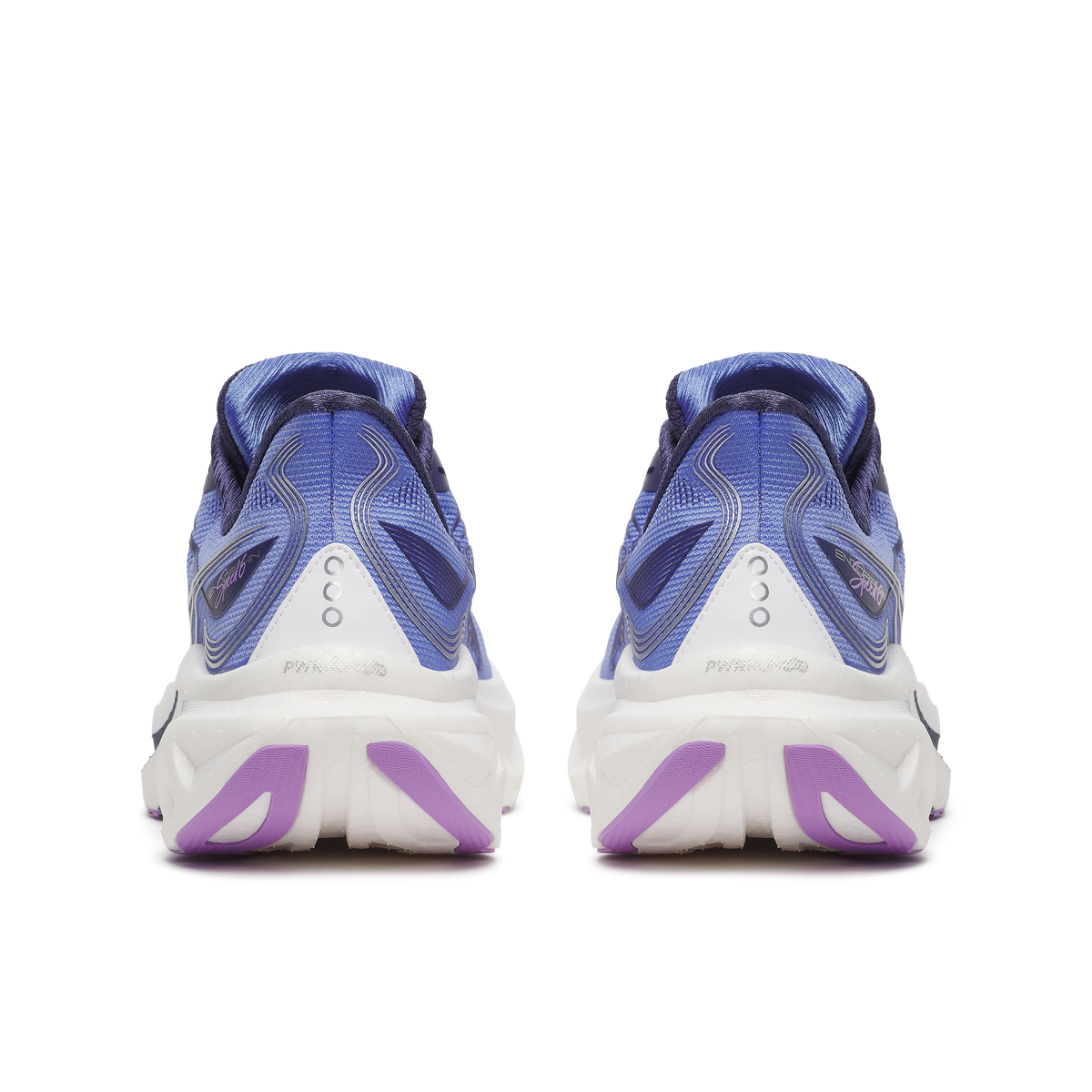 Back heel view of a pair of Saucony Endorphin Speed 6 women's shoes in Vinca/Naval with purple outsole
