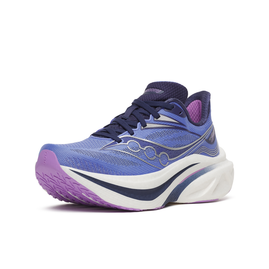 Saucony Endorphin Speed 6 women's running shoe in Vinca/Naval, front three-quarter view with purple outsole