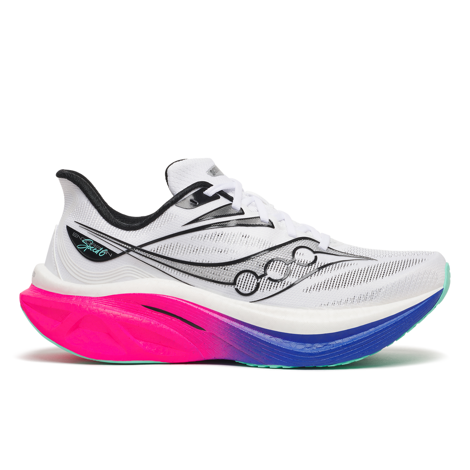 Saucony Endorphin Speed 6 men's road running shoe in White/Laser, side view with pink-to-blue midsole