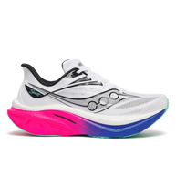 Saucony Endorphin Speed 6 men's road running shoe in White/Laser, side view with pink-to-blue midsole