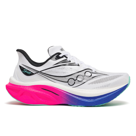 Saucony Endorphin Speed 6 men's road running shoe in White/Laser, side view with pink-to-blue midsole