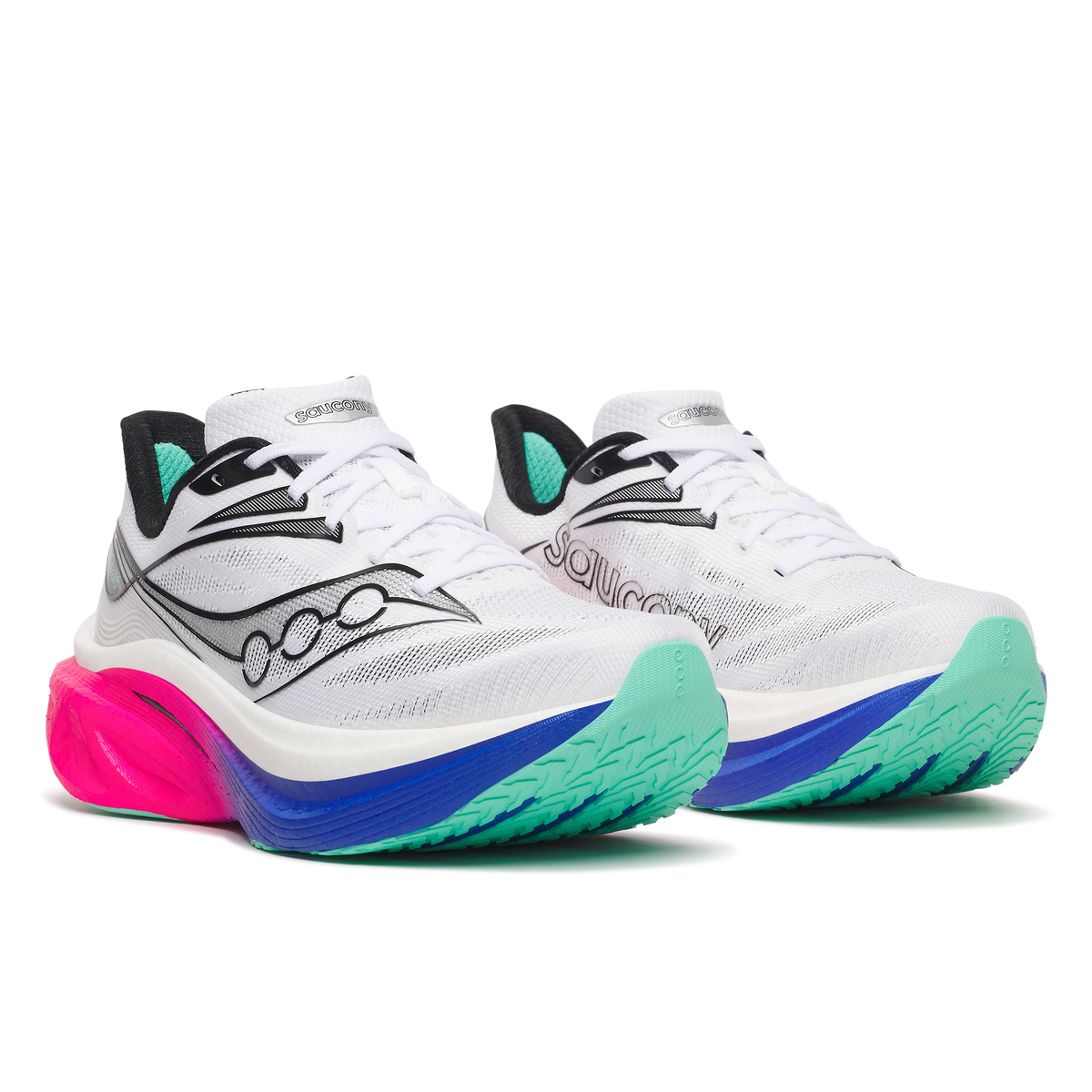 Pair of Saucony Endorphin Speed 6 men's running shoes in White/Laser, front three-quarter view