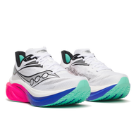 Pair of Saucony Endorphin Speed 6 men's running shoes in White/Laser, front three-quarter view