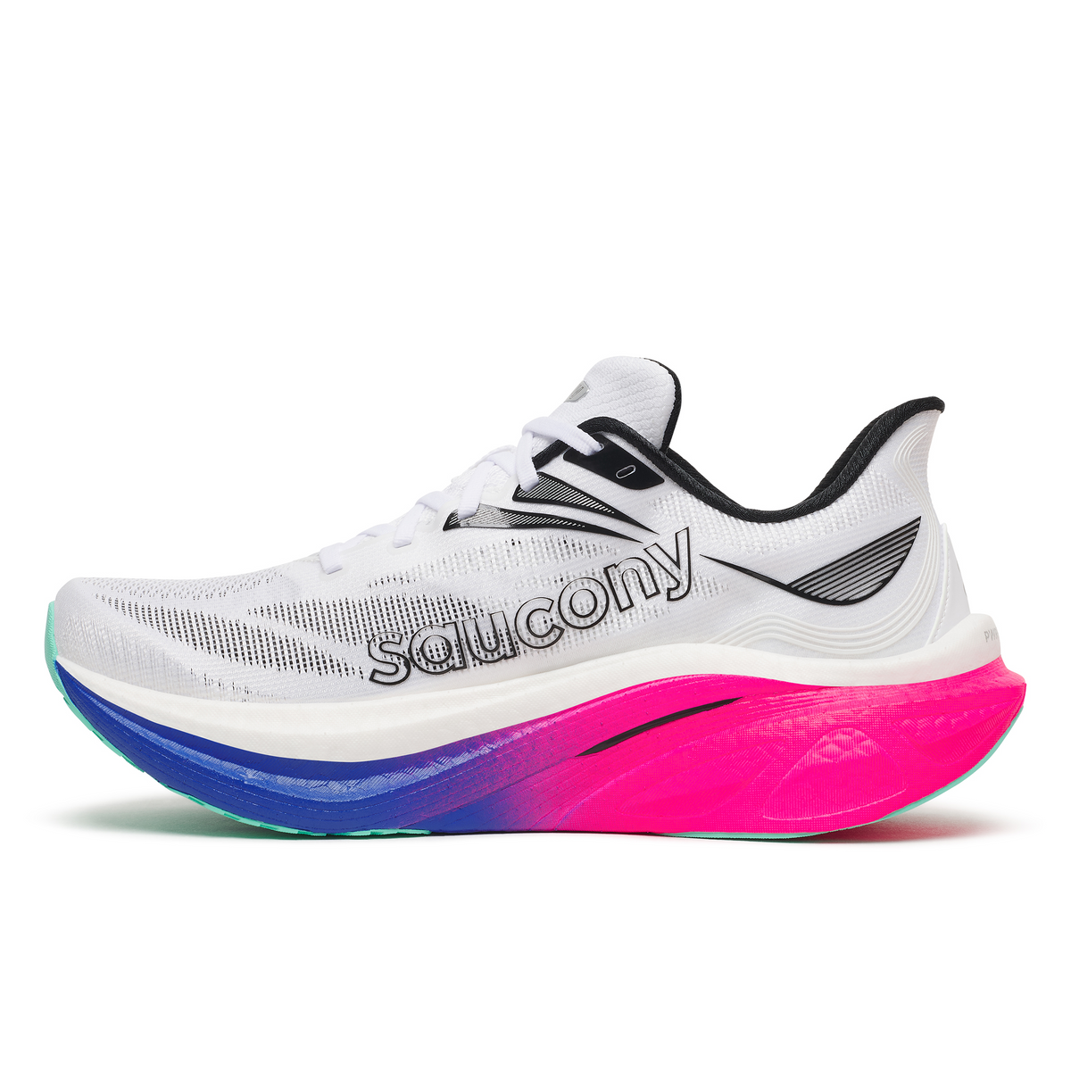 Saucony Endorphin Speed 6 men's road running shoe in White/Laser, inner side view with Saucony logo