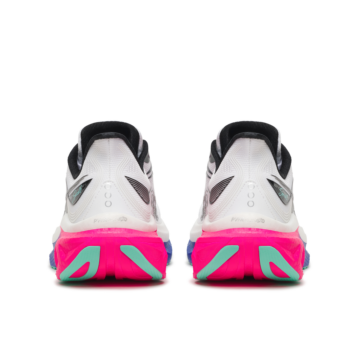 Back heel view of a pair of Saucony Endorphin Speed 6 men's shoes in White/Laser with pink midsole
